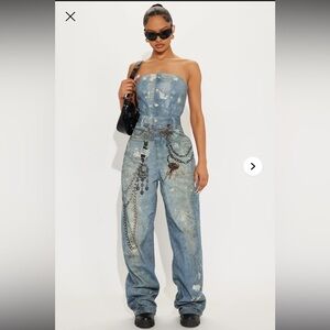 BNWT FASHION NOVA Break Free Graffiti Women's Blue Denim JEAN Jumpsuit MEDIUM